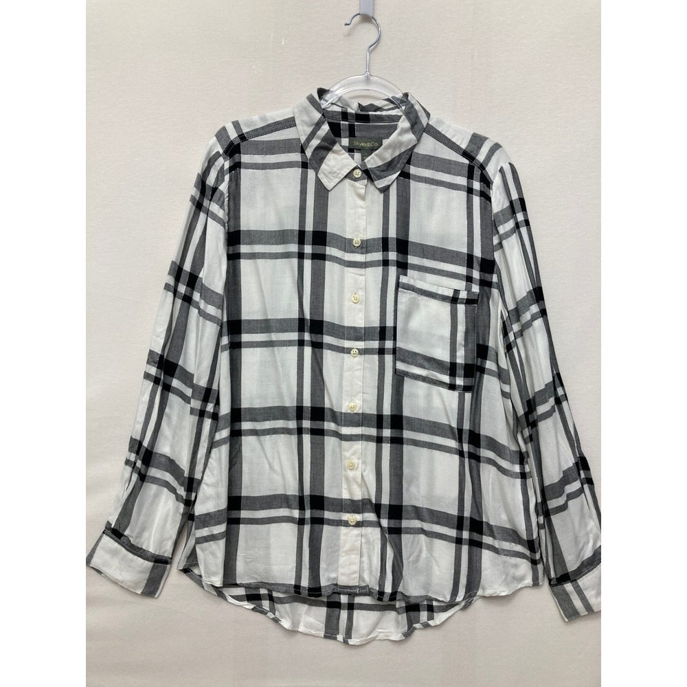 NWT Style & Co Large White Black Plaid Metallic Woven Preppy Office Button Down